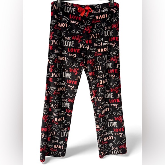 #1694 - Love Minky Fleece Lounge Sleep Pants Black Pink Red Drawstring - Picture 1 of 9